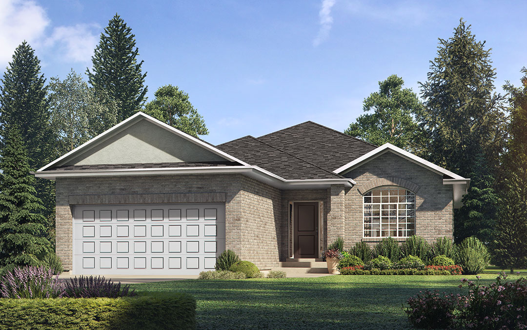 Rendering of gray brick home with black roof.