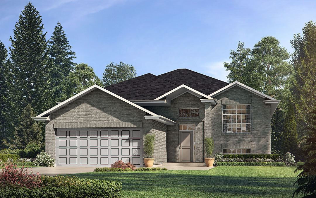 Rendering of gray brick raised ranch with black roof